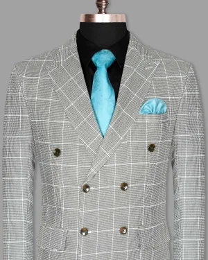 Black and White Houndstooth Windowpane Stretchable Double Breasted Blazer