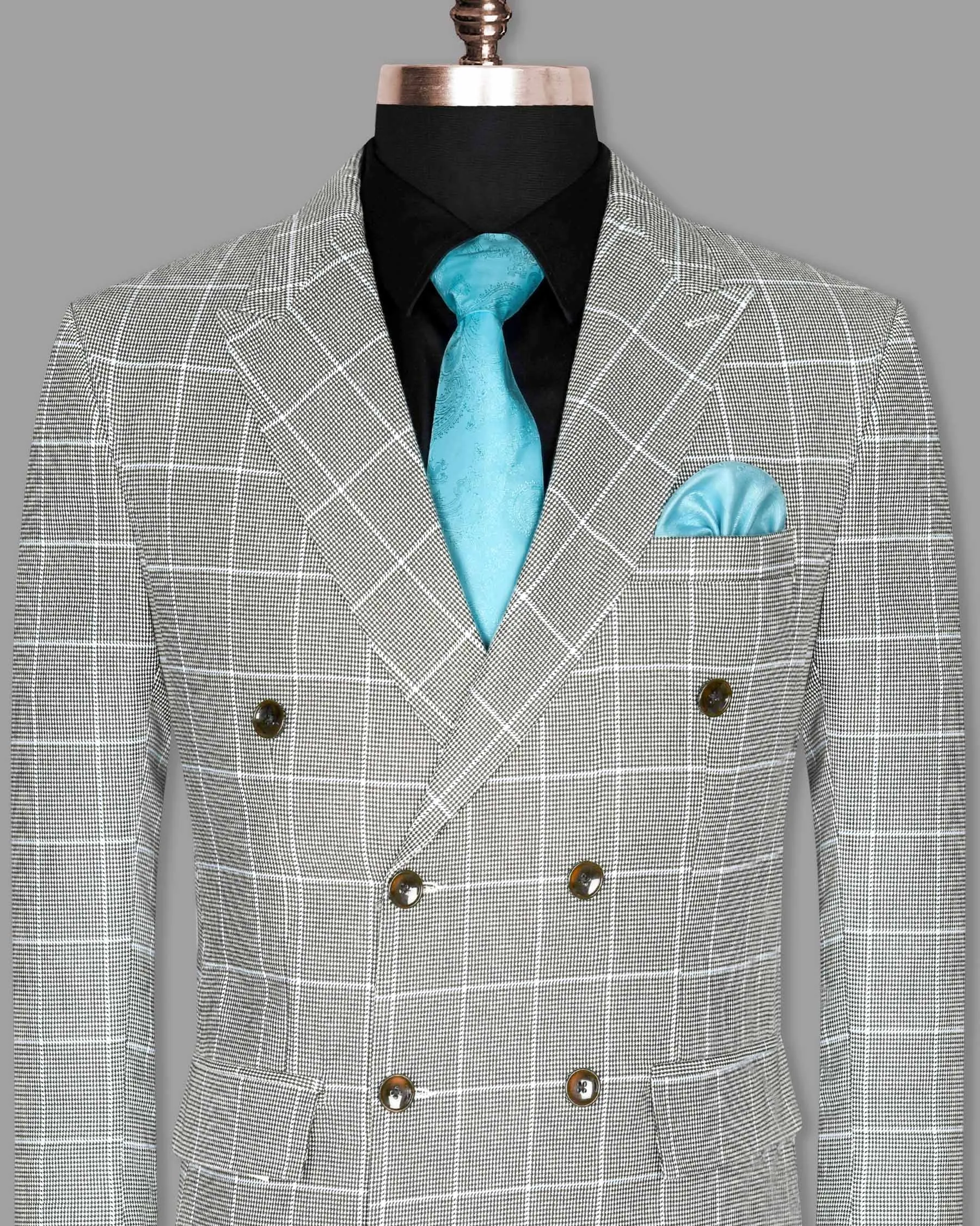 Black and White Houndstooth Windowpane Stretchable Double Breasted Blazer