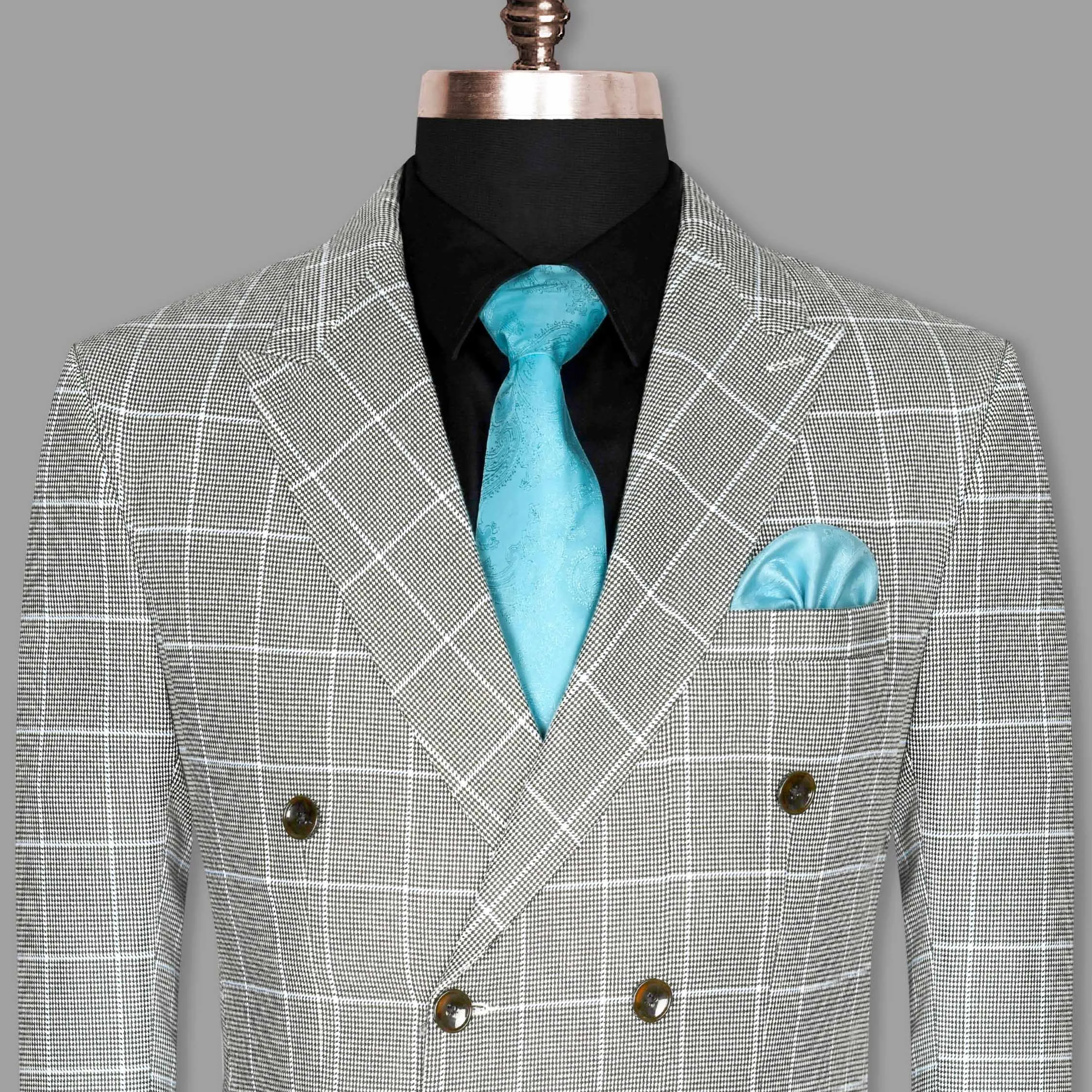 Black and White Houndstooth Windowpane Stretchable Double Breasted Blazer
