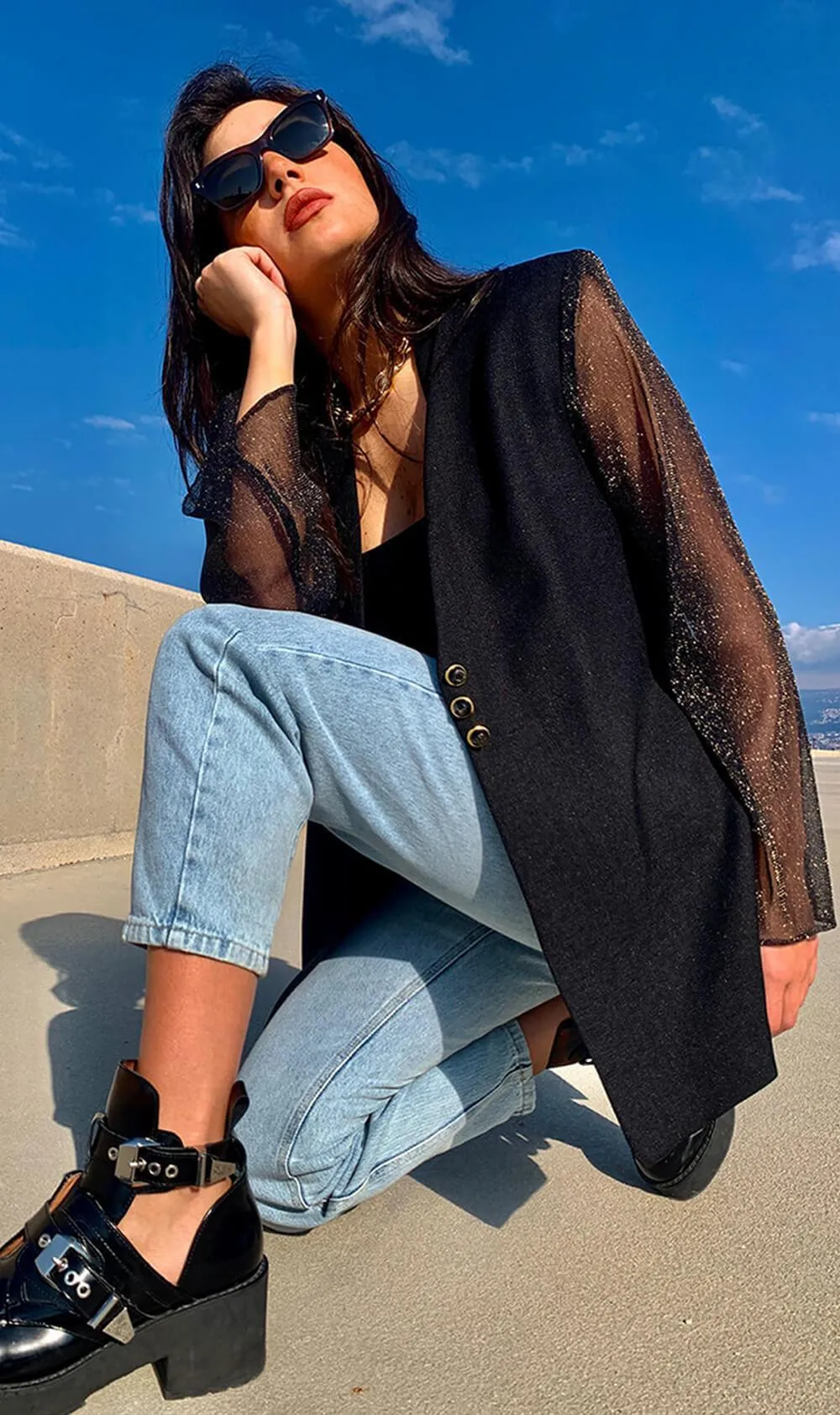 Black Collarless Three Button Sheer Sleeve Blazer