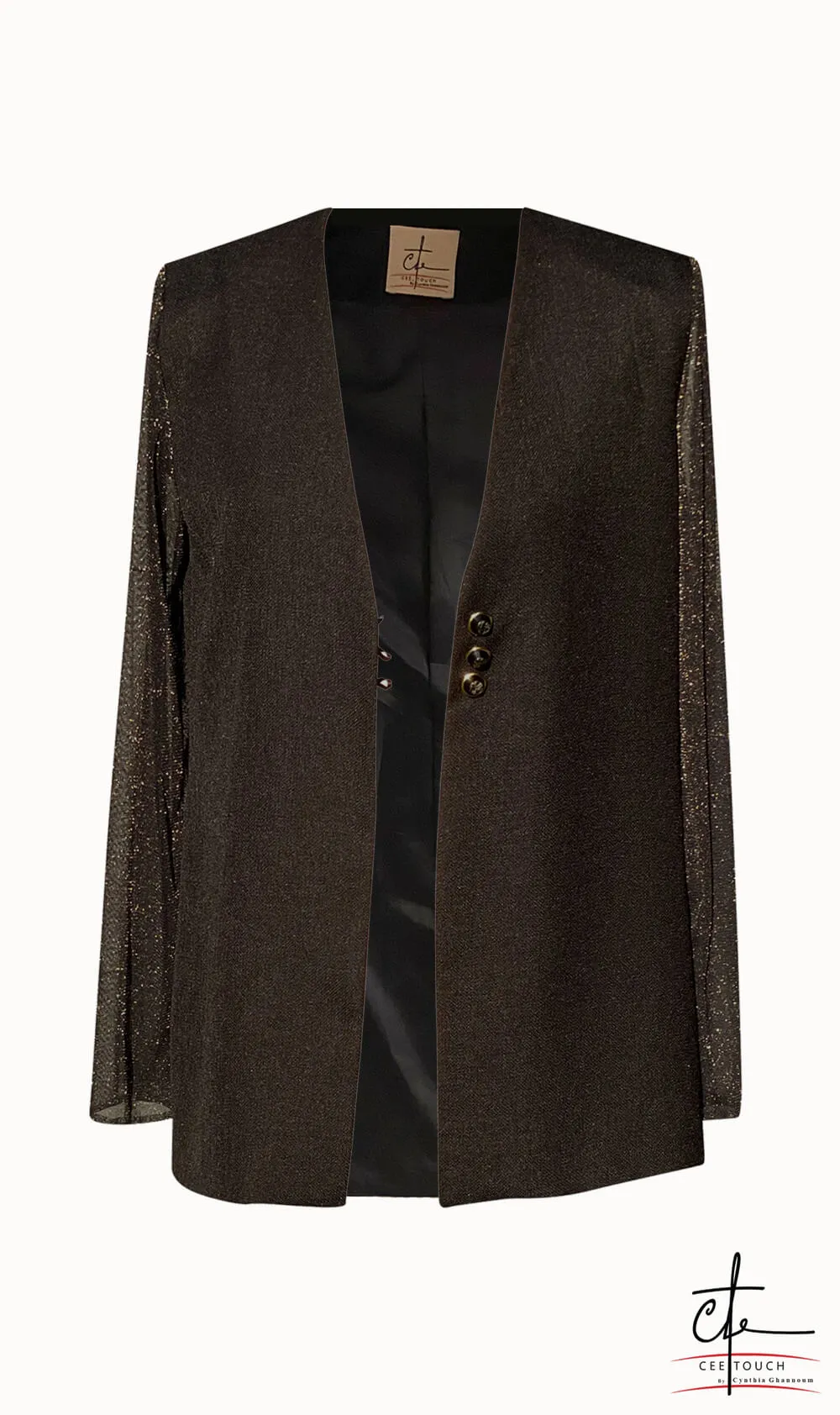 Black Collarless Three Button Sheer Sleeve Blazer