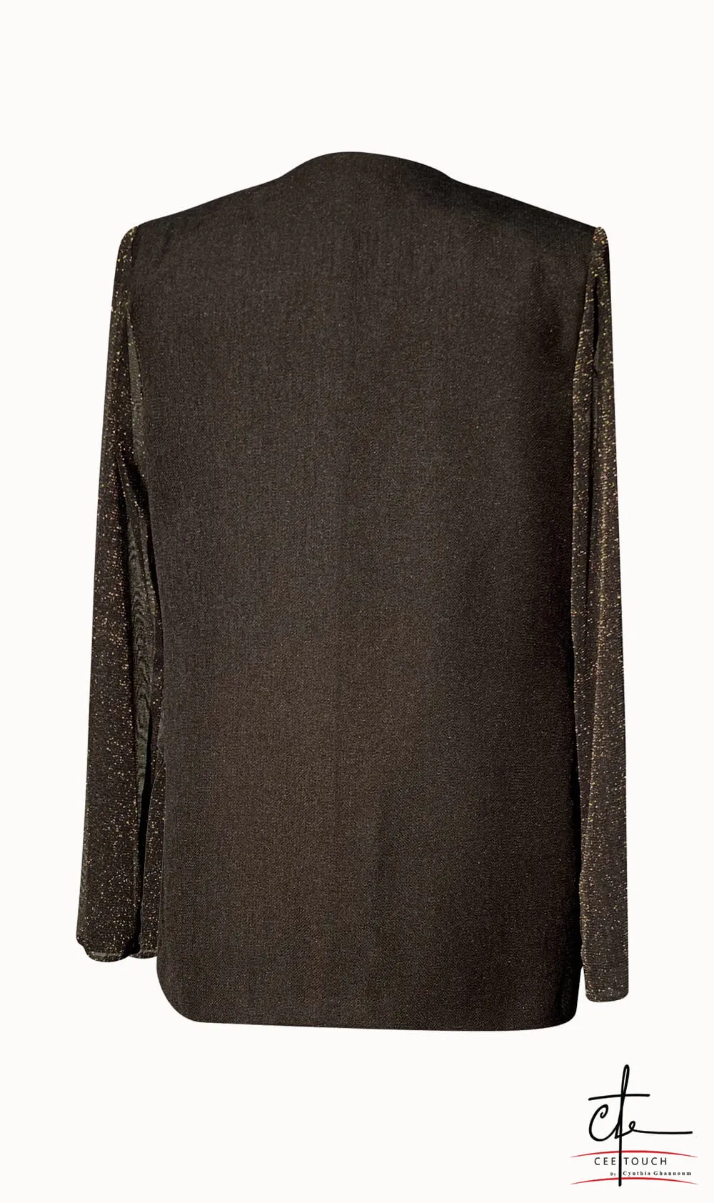 Black Collarless Three Button Sheer Sleeve Blazer