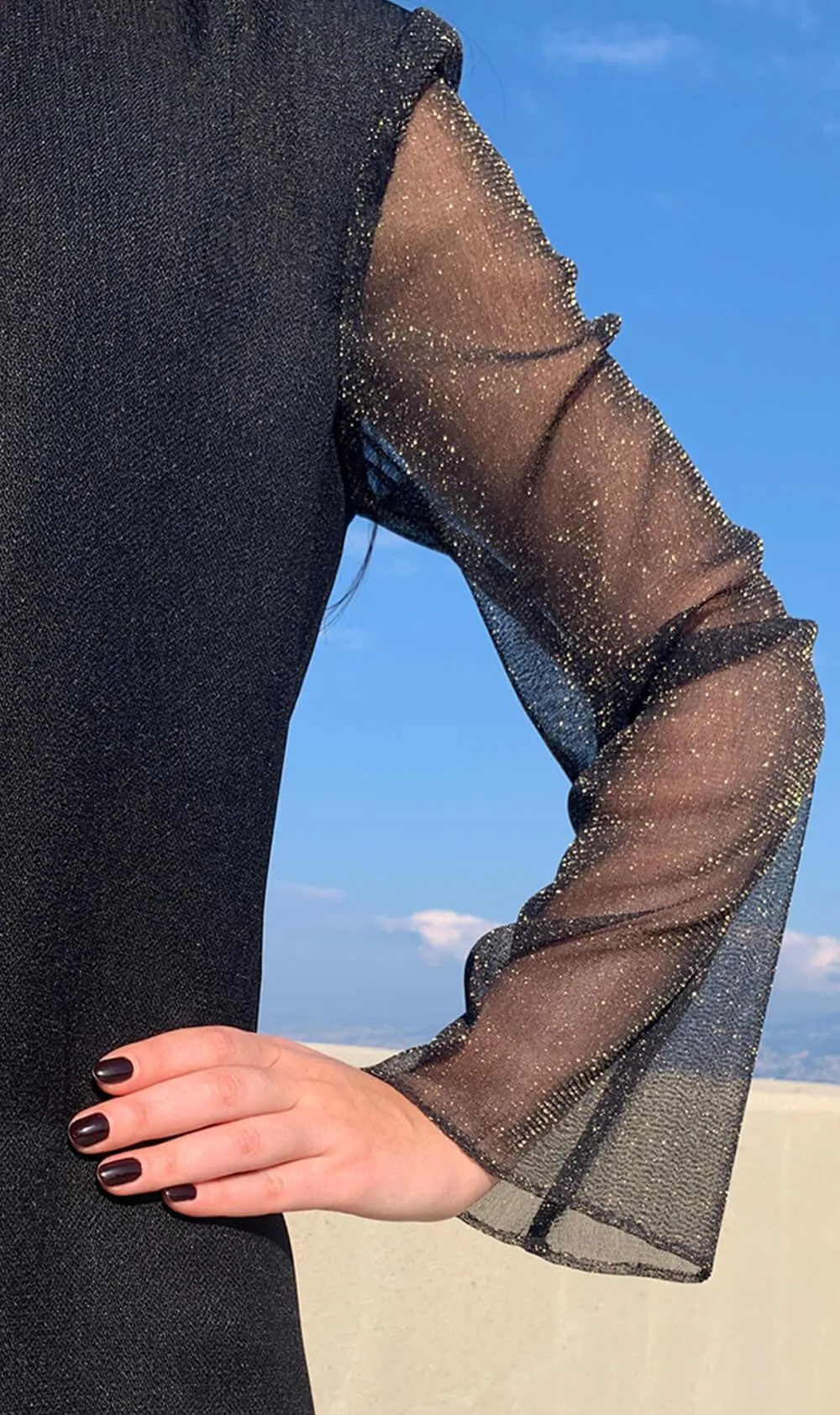 Black Collarless Three Button Sheer Sleeve Blazer