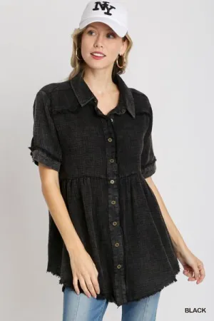 Black Cotton Gauze Button Front Shirt