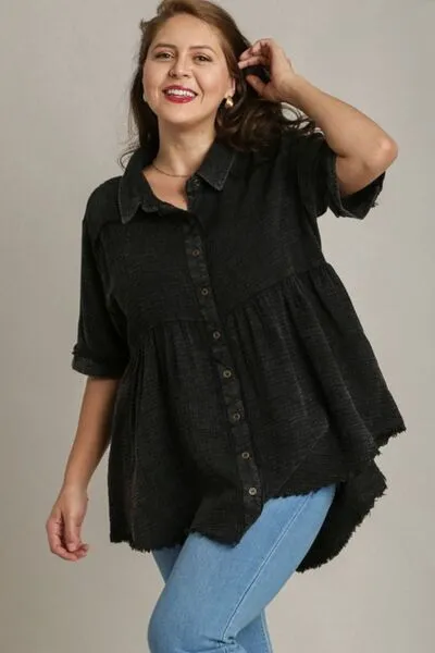 Black Cotton Gauze Button Front Shirt