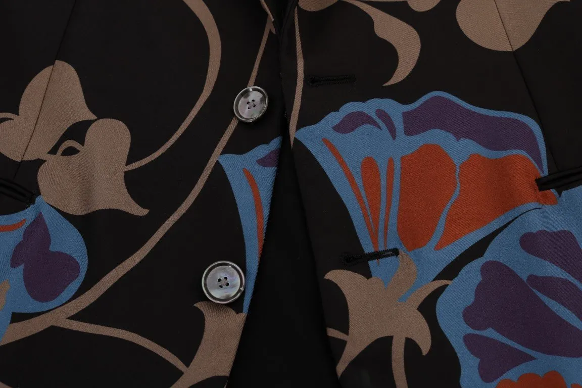 Black Floral Silk Slim Fit Blazer Jacket