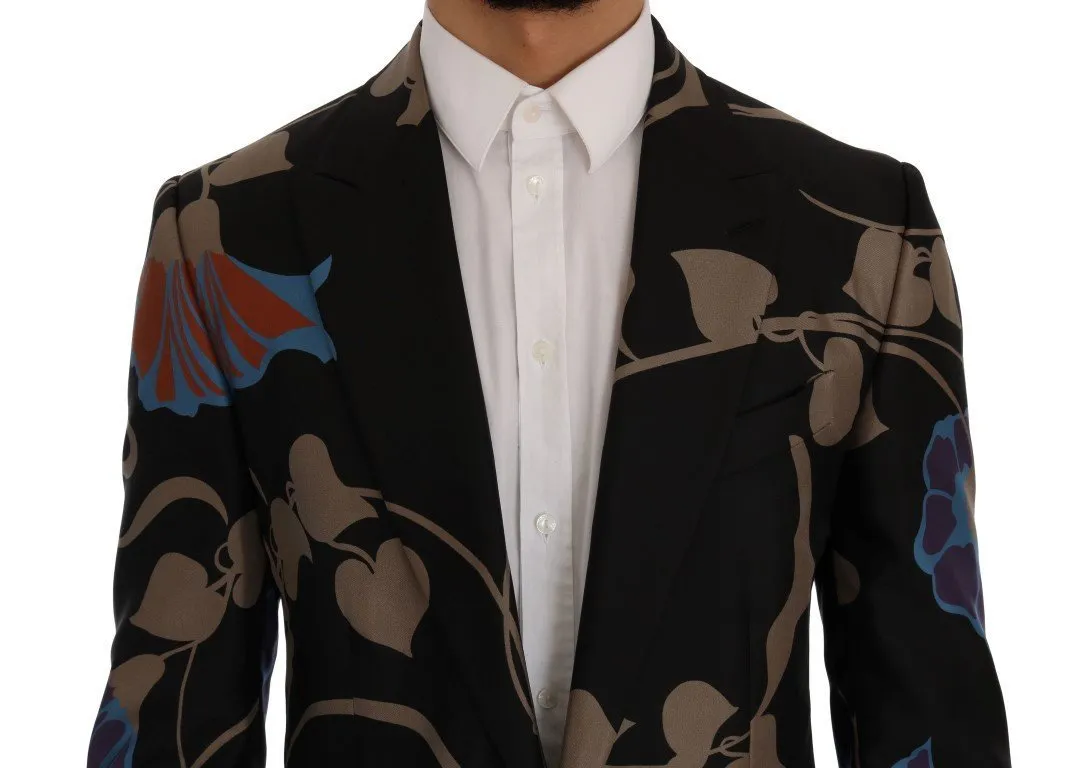 Black Floral Silk Slim Fit Blazer Jacket