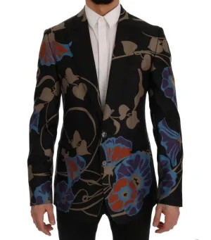 Black Floral Silk Slim Fit Blazer Jacket