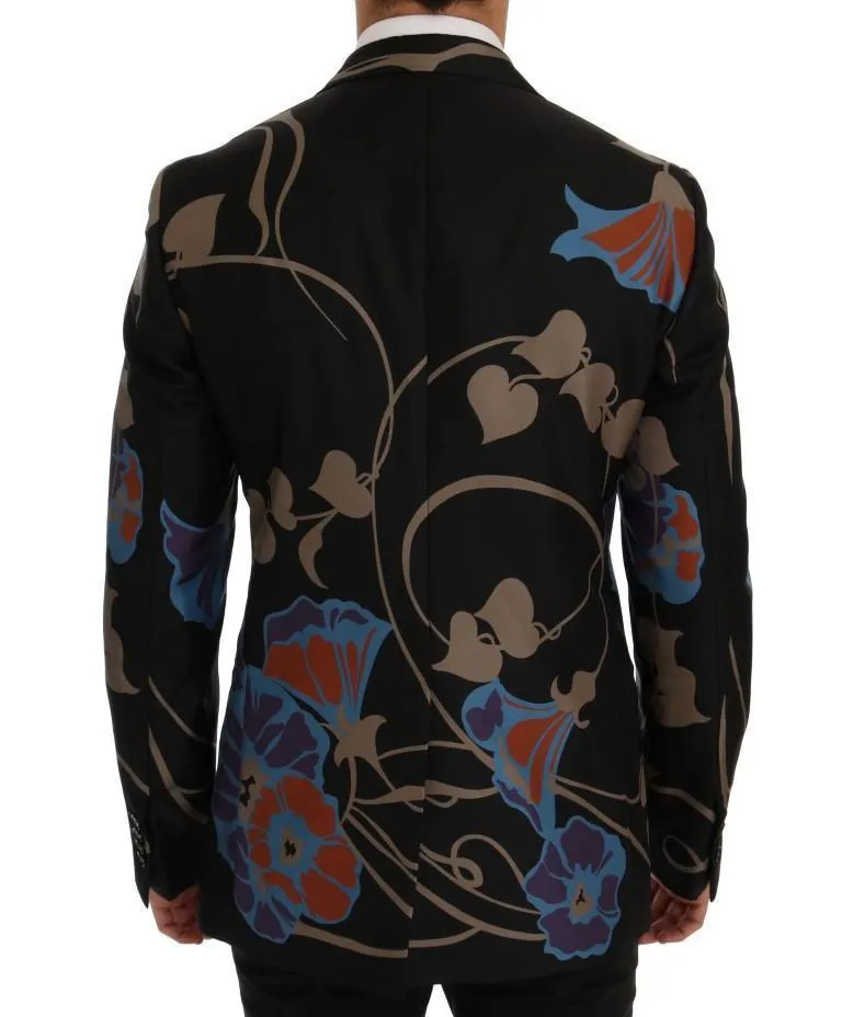 Black Floral Silk Slim Fit Blazer Jacket