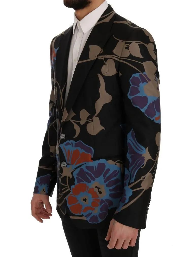 Black Floral Silk Slim Fit Blazer Jacket