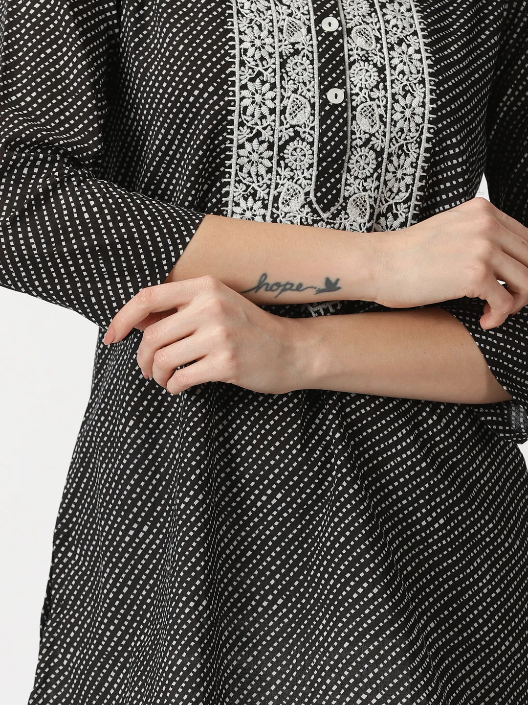 Black Leheriya Print Tunic with Lucknowi Chikankari Embroidery