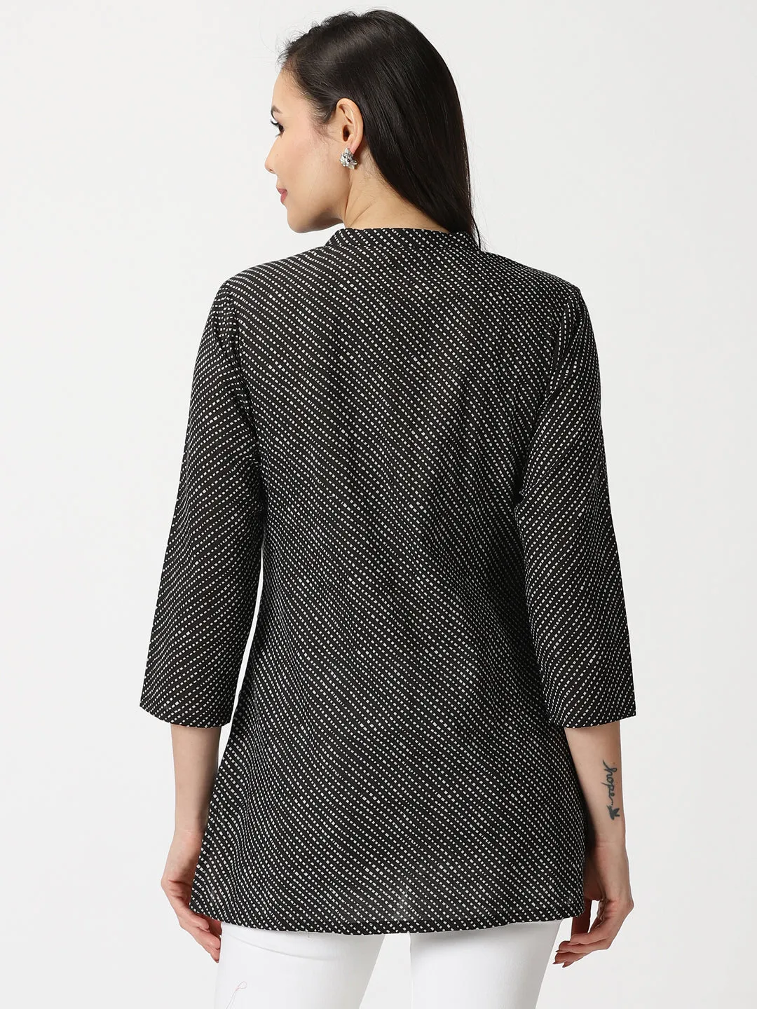 Black Leheriya Print Tunic with Lucknowi Chikankari Embroidery