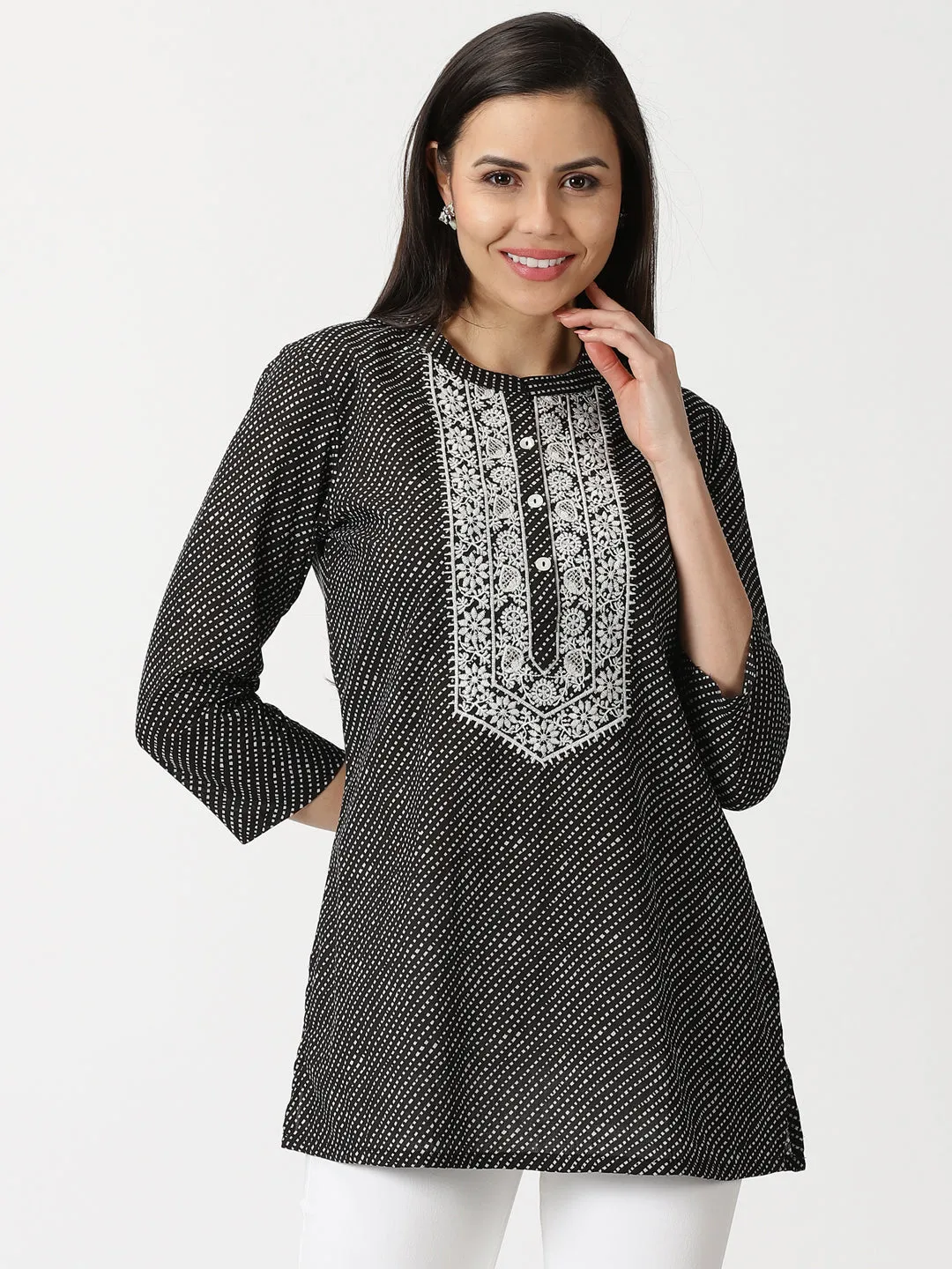 Black Leheriya Print Tunic with Lucknowi Chikankari Embroidery