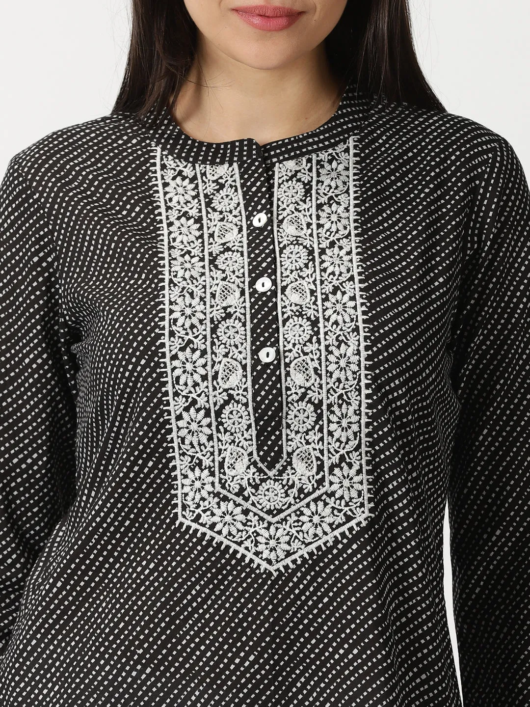 Black Leheriya Print Tunic with Lucknowi Chikankari Embroidery