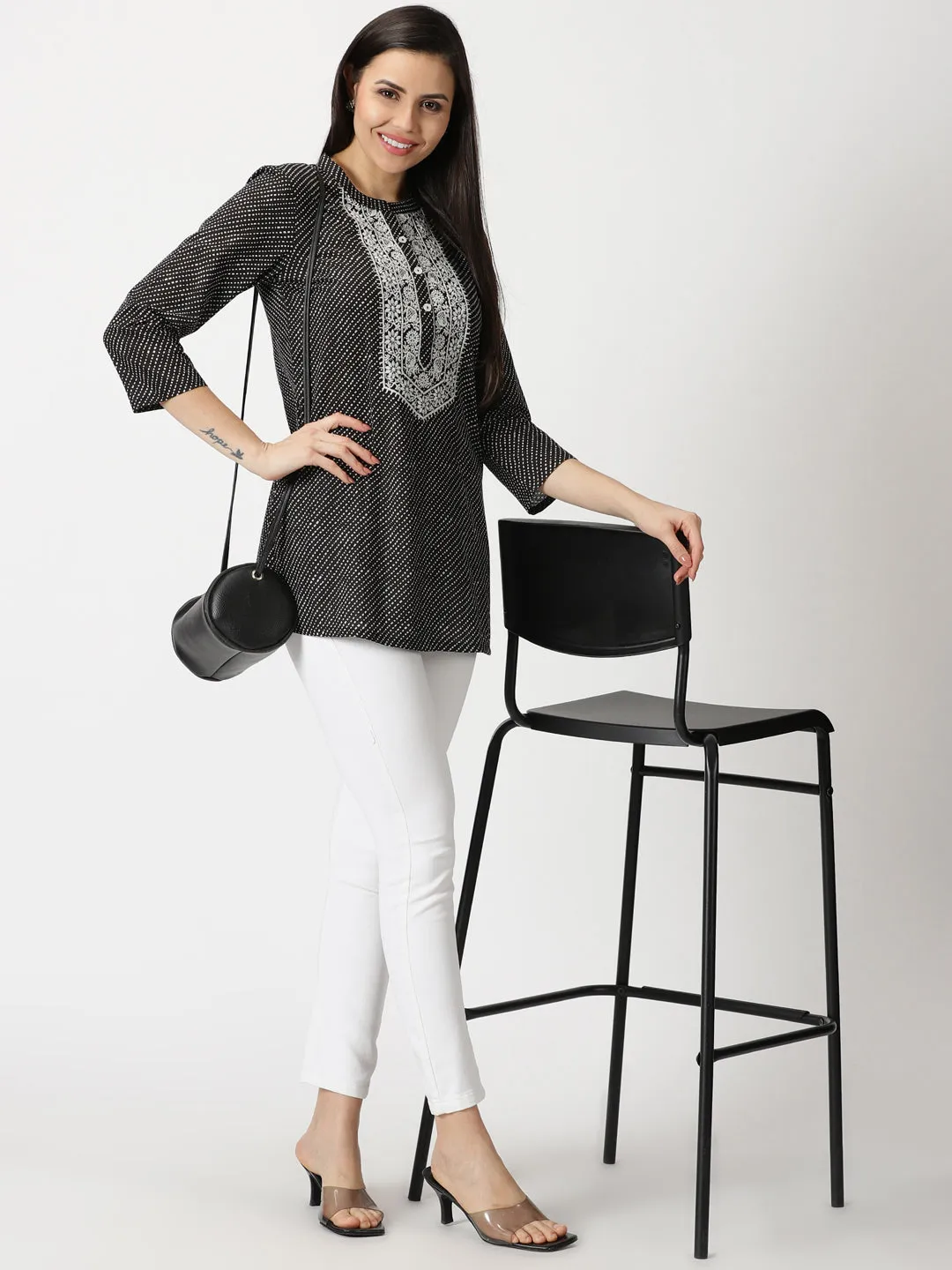 Black Leheriya Print Tunic with Lucknowi Chikankari Embroidery