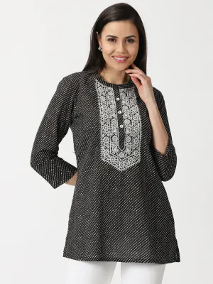 Black Leheriya Print Tunic with Lucknowi Chikankari Embroidery