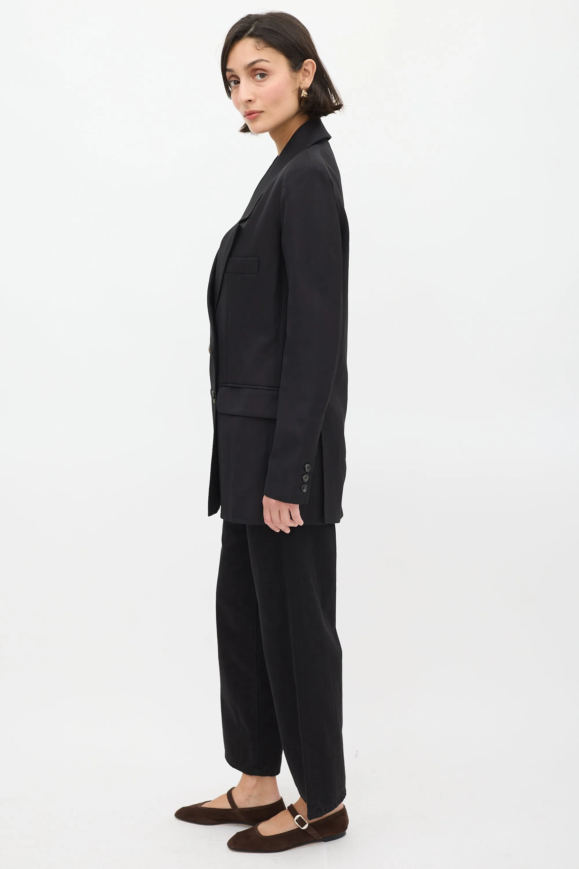 Black Linen Double Breasted Long Blazer
