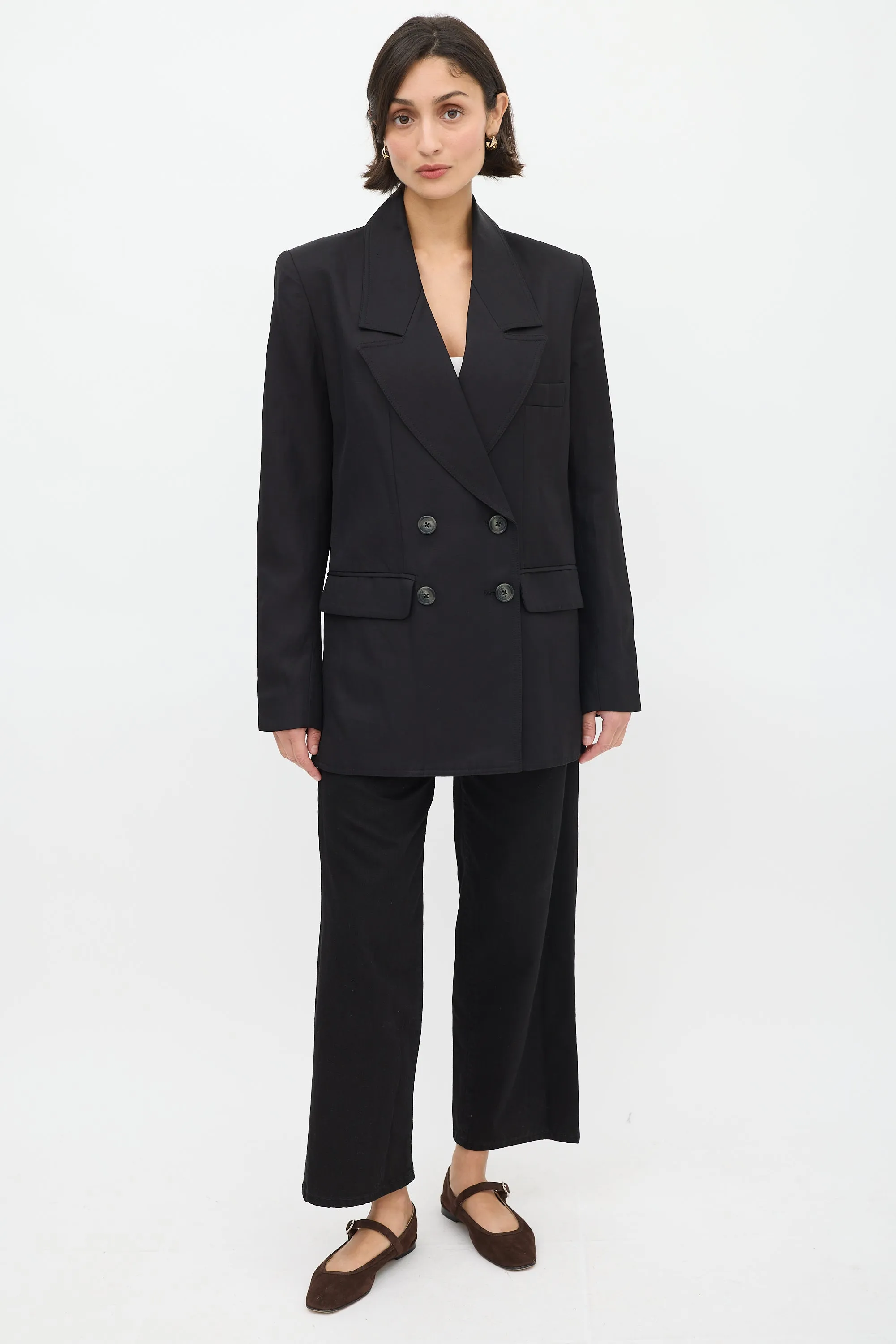 Black Linen Double Breasted Long Blazer