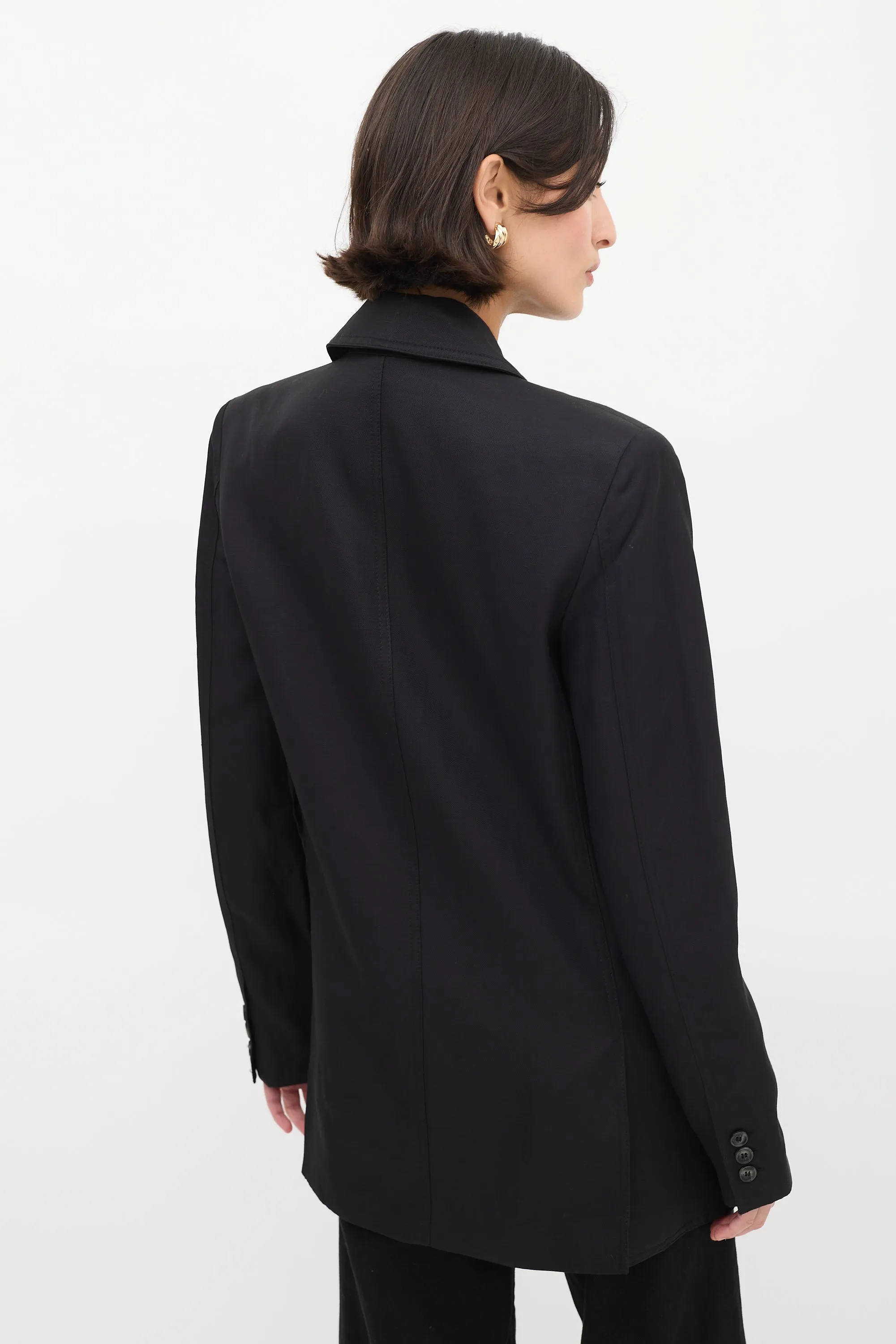 Black Linen Double Breasted Long Blazer