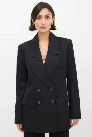Black Linen Double Breasted Long Blazer