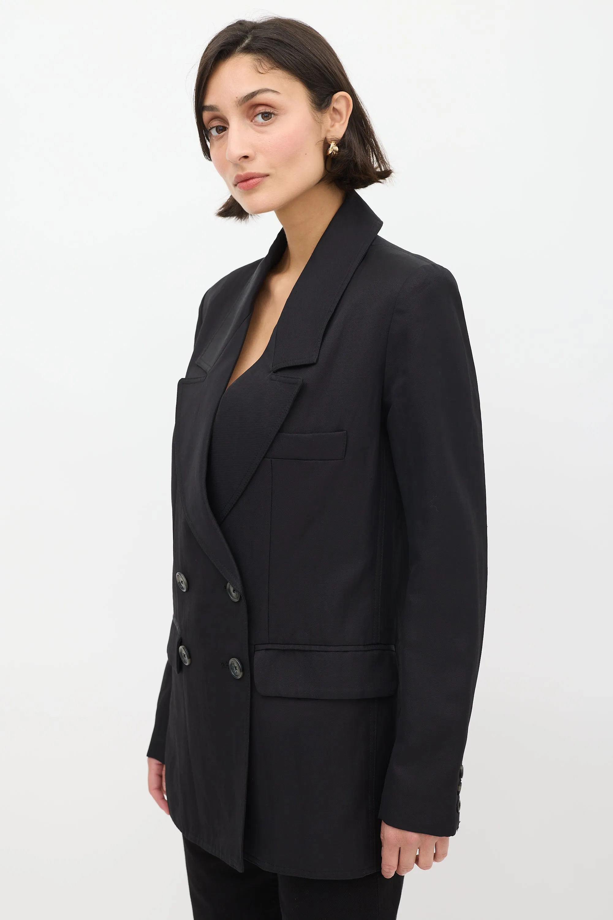 Black Linen Double Breasted Long Blazer