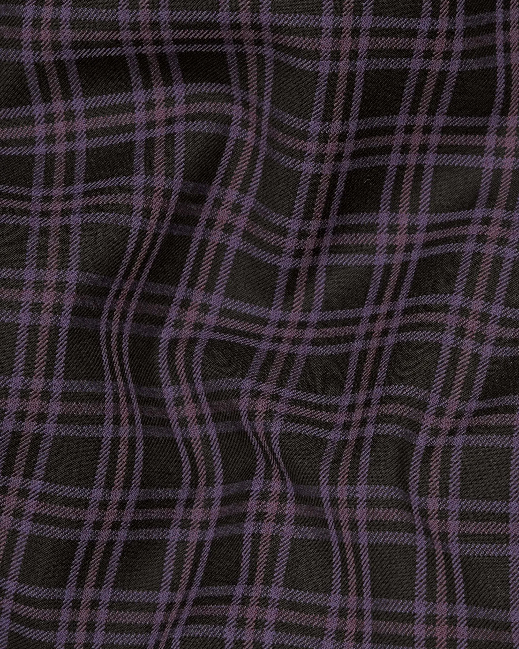 Black with Lilac Twill Plaid Wool Blend Double Breasted Blazer
