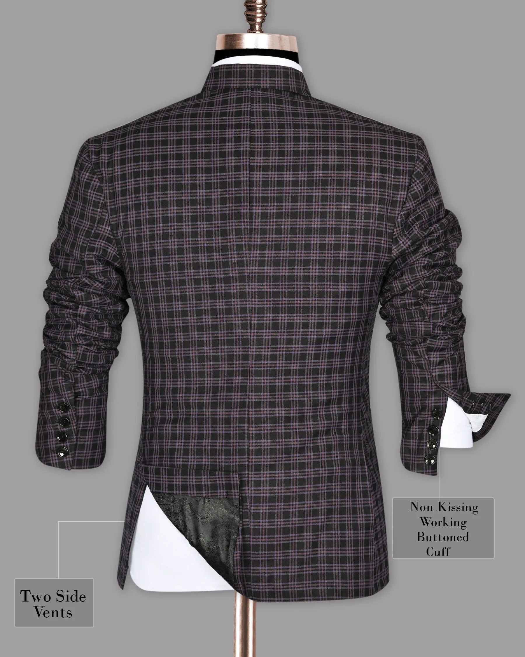 Black with Lilac Twill Plaid Wool Blend Double Breasted Blazer
