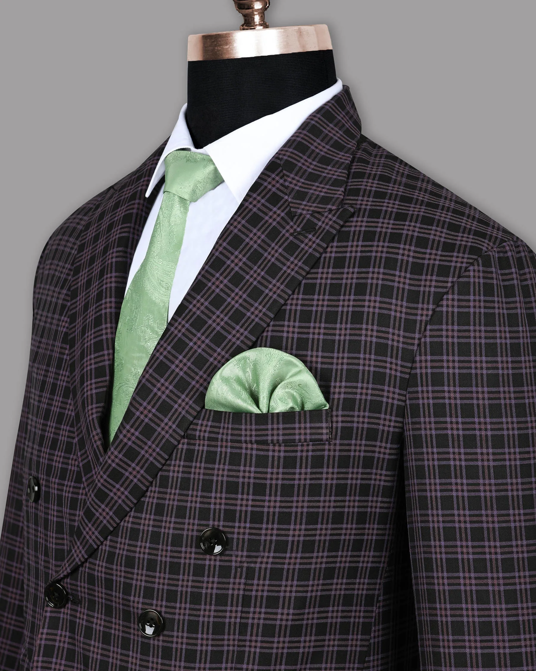 Black with Lilac Twill Plaid Wool Blend Double Breasted Blazer