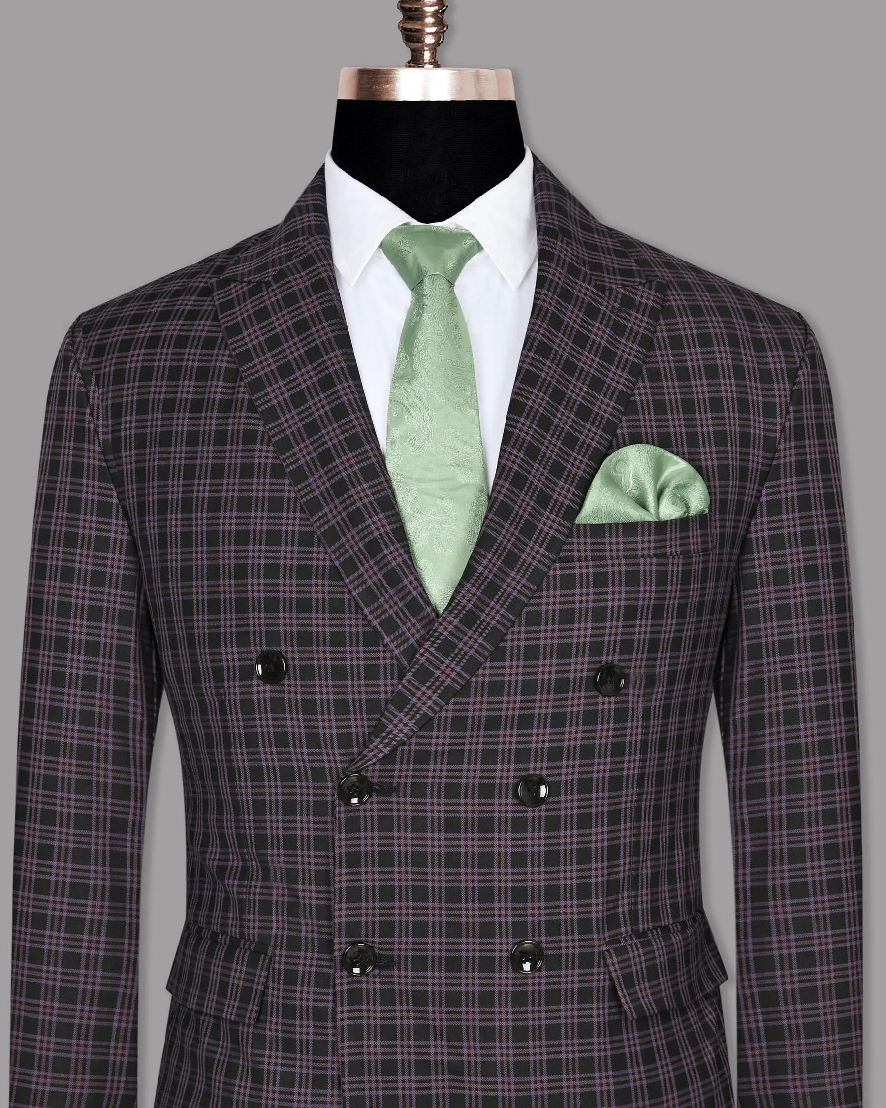 Black with Lilac Twill Plaid Wool Blend Double Breasted Blazer
