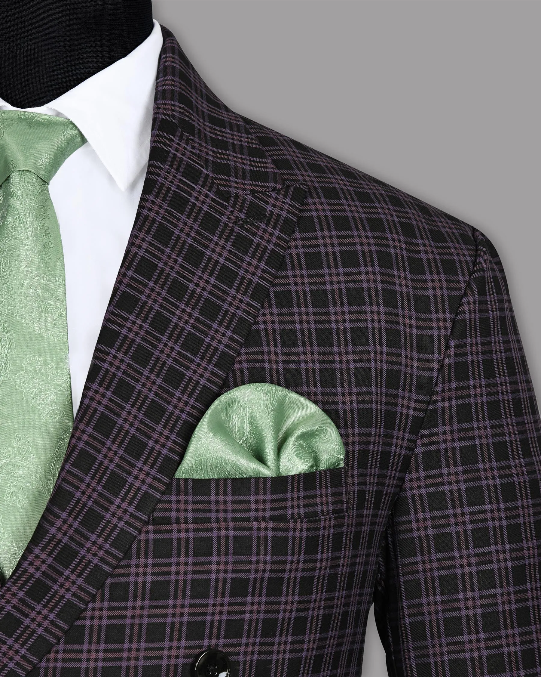 Black with Lilac Twill Plaid Wool Blend Double Breasted Blazer