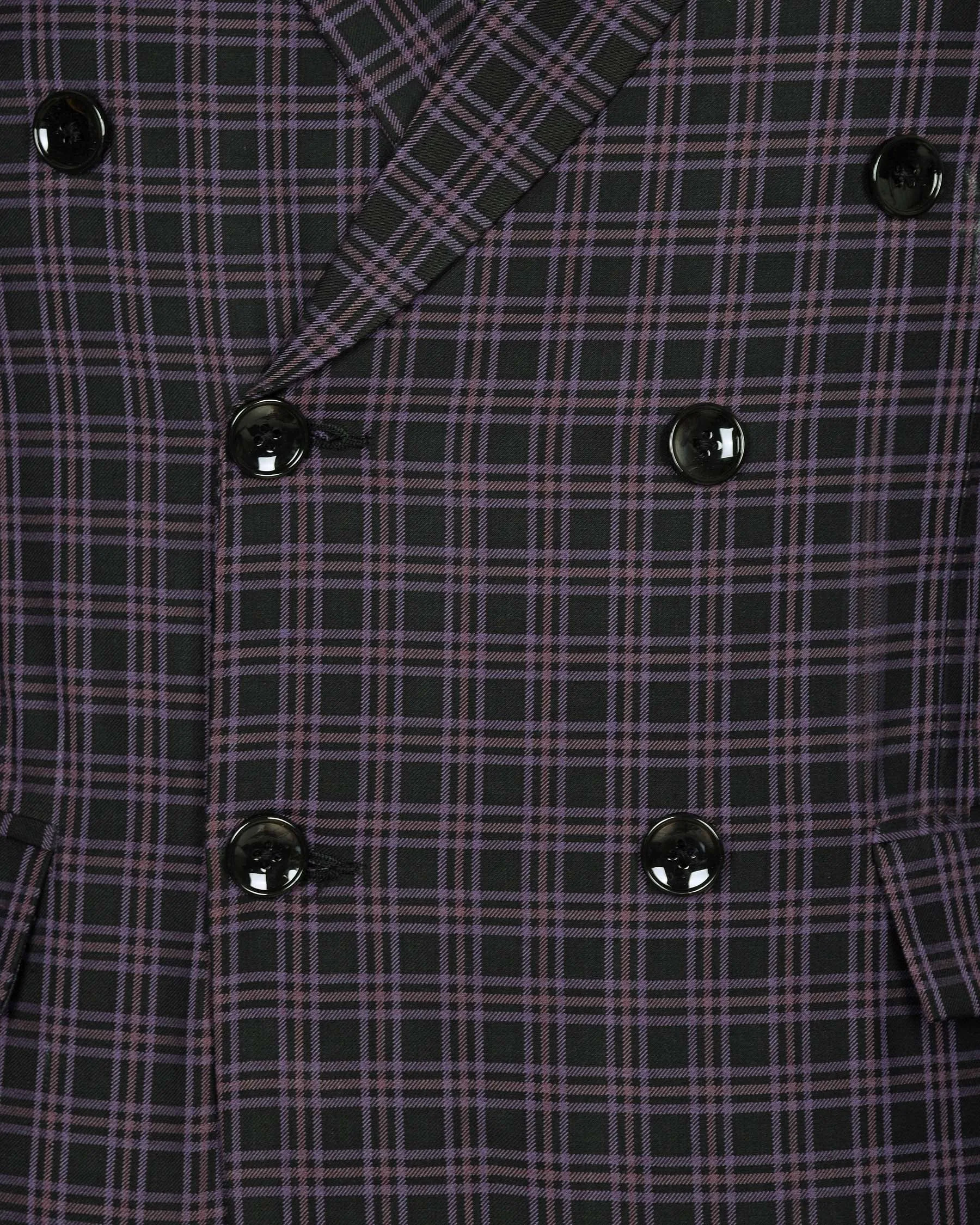 Black with Lilac Twill Plaid Wool Blend Double Breasted Blazer