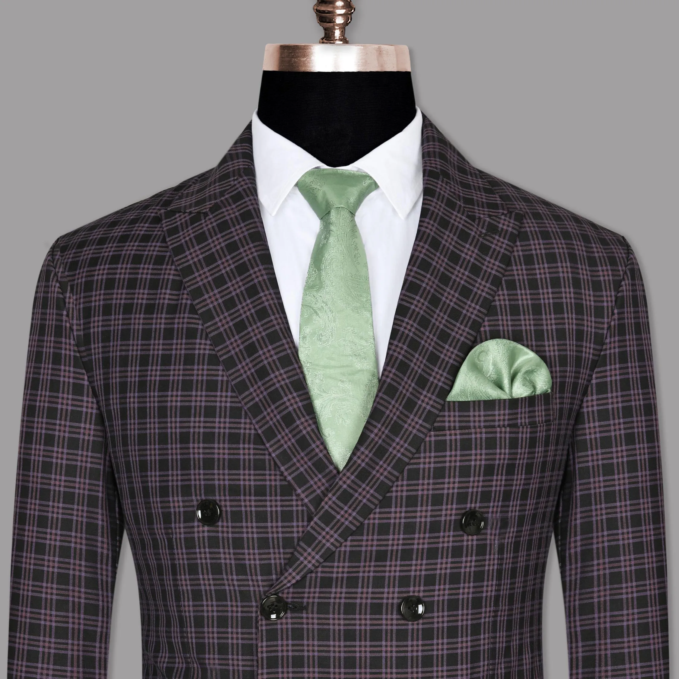 Black with Lilac Twill Plaid Wool Blend Double Breasted Blazer