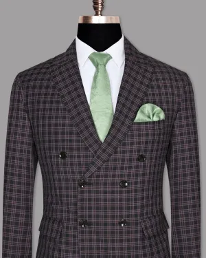 Black with Lilac Twill Plaid Wool Blend Double Breasted Blazer