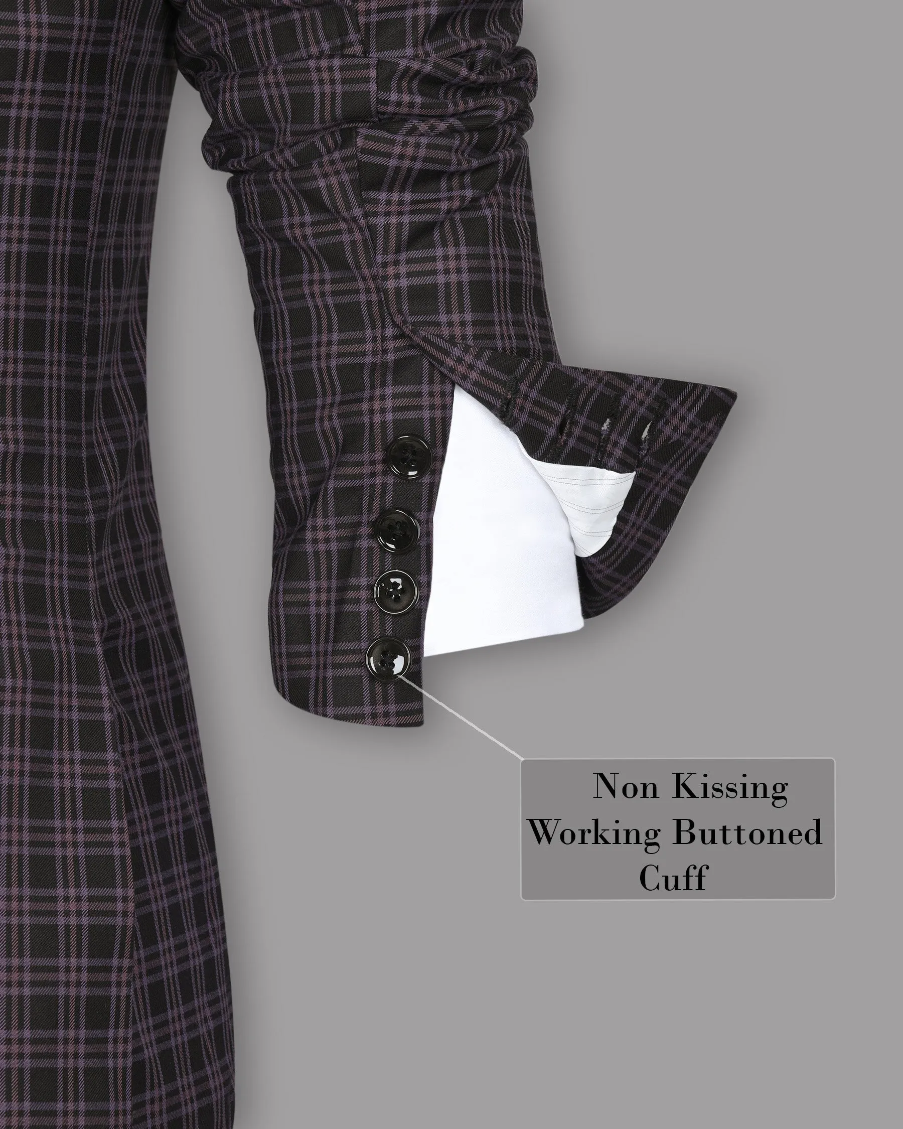 Black with Lilac Twill Plaid Wool Blend Double Breasted Blazer