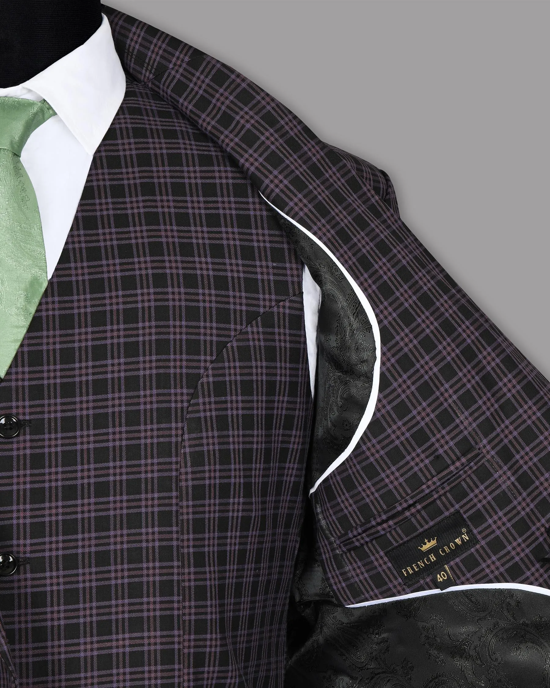 Black with Lilac Twill Plaid Wool Blend Double Breasted Blazer