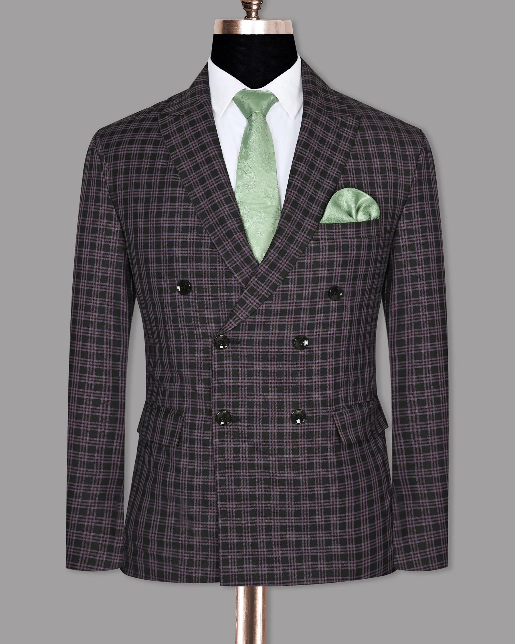 Black with Lilac Twill Plaid Wool Blend Double Breasted Blazer