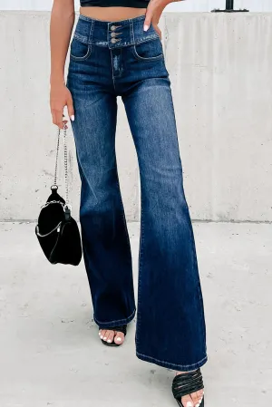 Blue Button High Waisted Flare Bottom Jeans