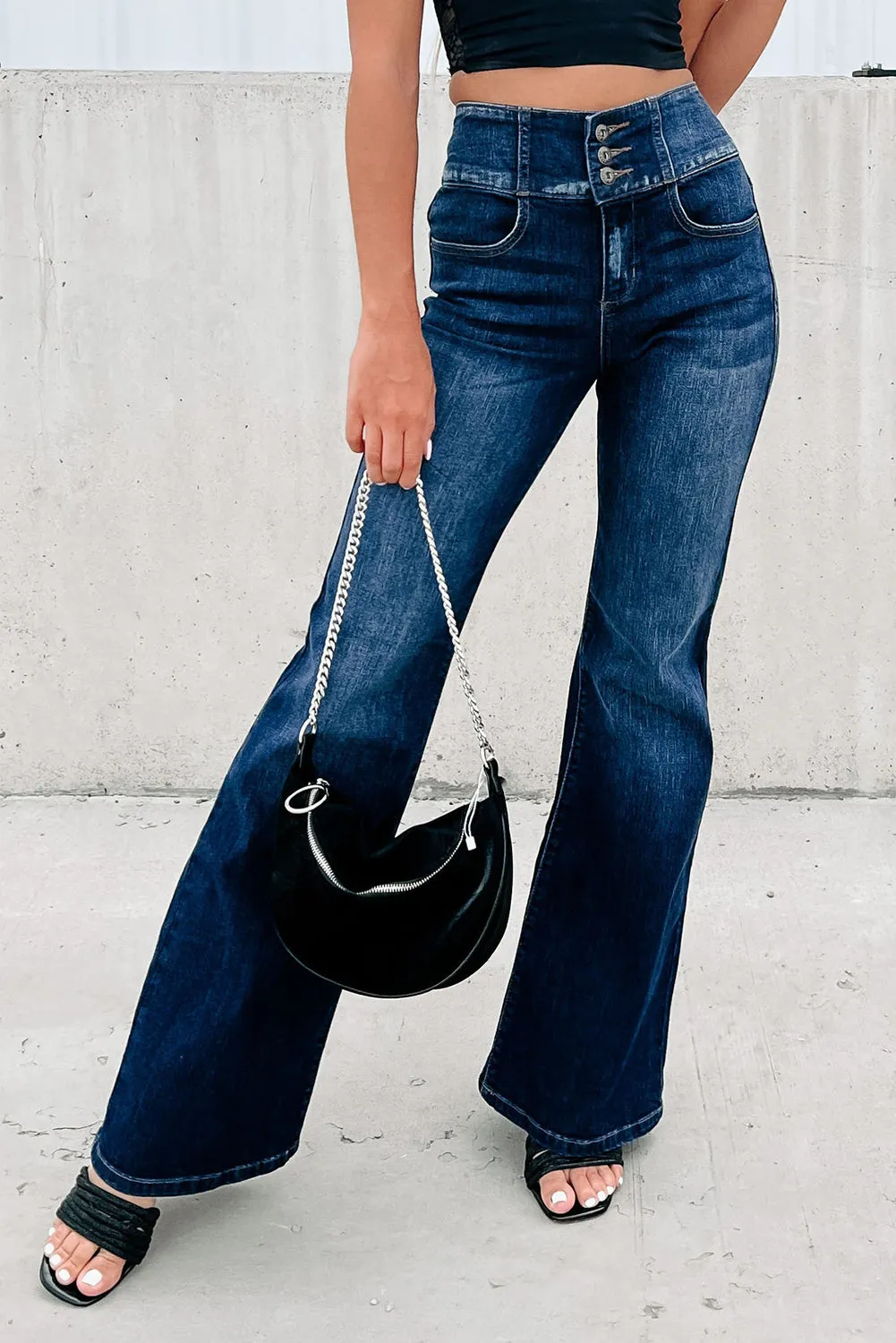 Blue Button High Waisted Flare Bottom Jeans