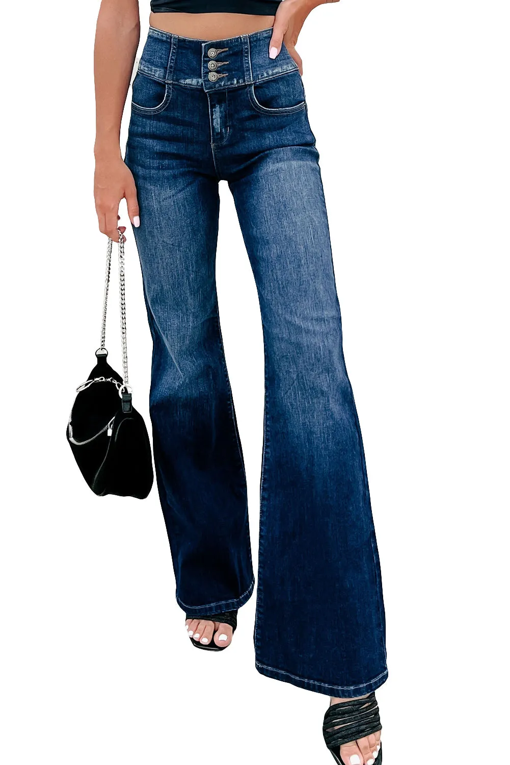 Blue Button High Waisted Flare Bottom Jeans