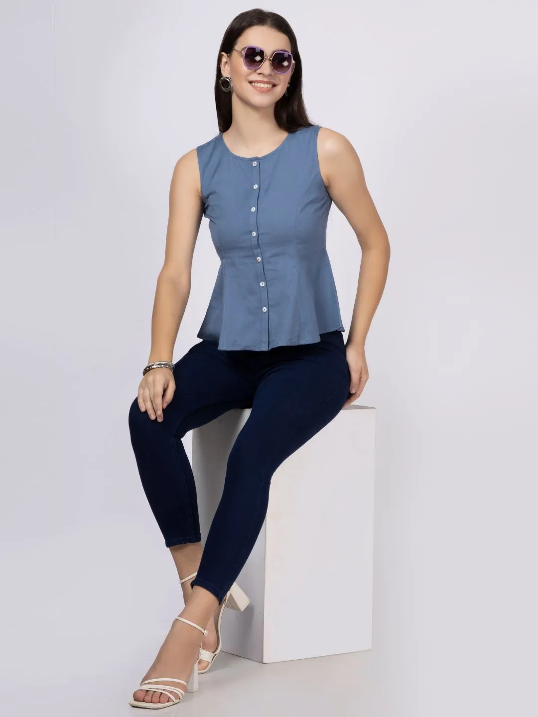 Blue Cotton Flax Panelled A-Line Top with Button-Down Placket