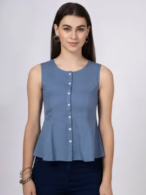 Blue Cotton Flax Panelled A-Line Top with Button-Down Placket