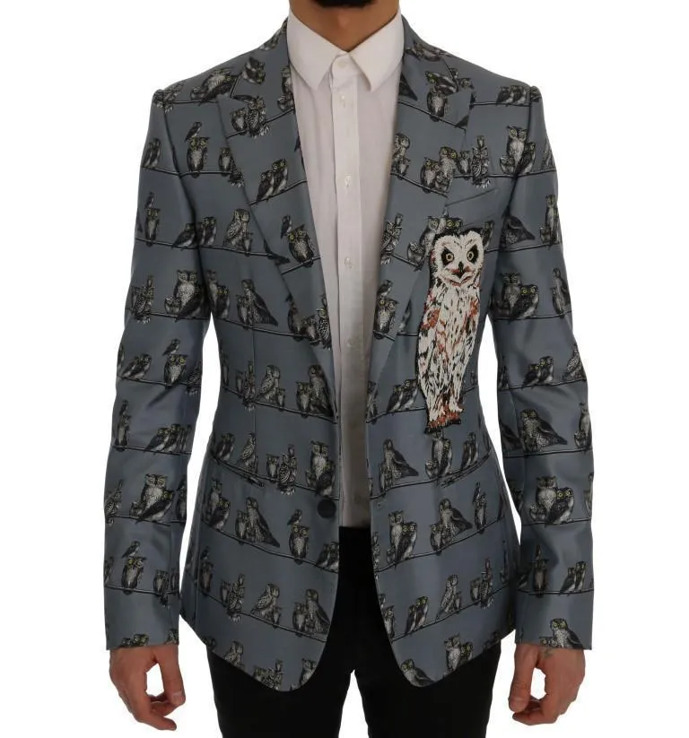 Blue Owl Print Slim Fit Blazer Jacket