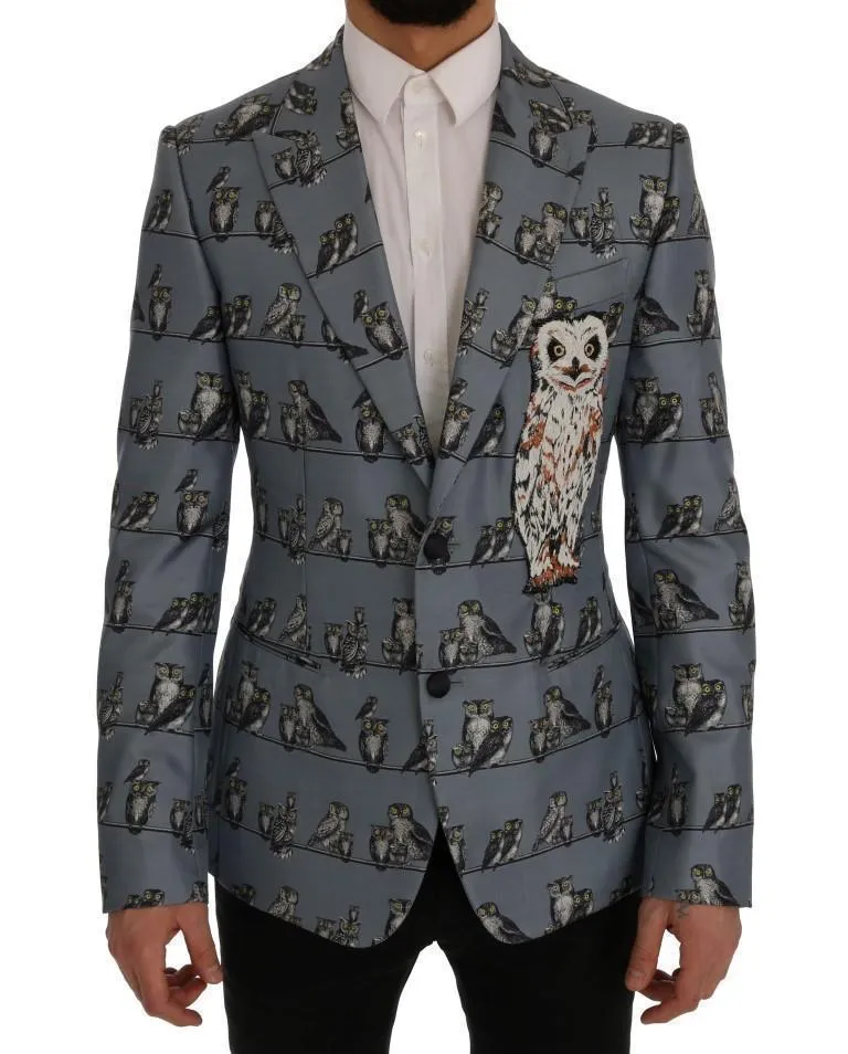 Blue Owl Print Slim Fit Blazer Jacket