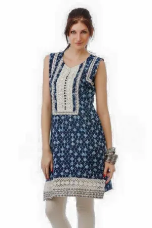Blue Printed Tunic with Lace Yoke