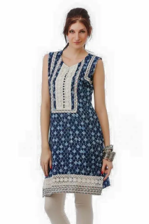 Blue Printed Tunic with Lace Yoke