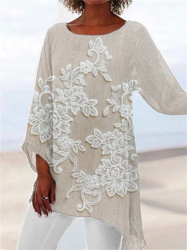 Bohemian Lace-Embroidered Floral Tunic in Linen Blend
