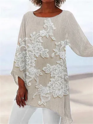 Bohemian Lace-Embroidered Floral Tunic in Linen Blend