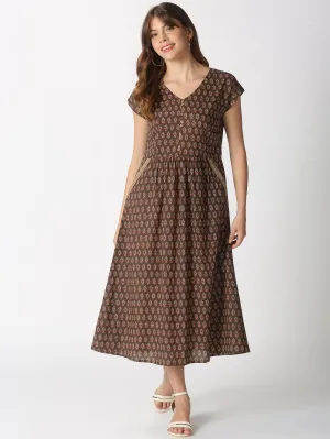 Brown Ethnic Motifs Printed Midi Dress with Embroidered Pockets