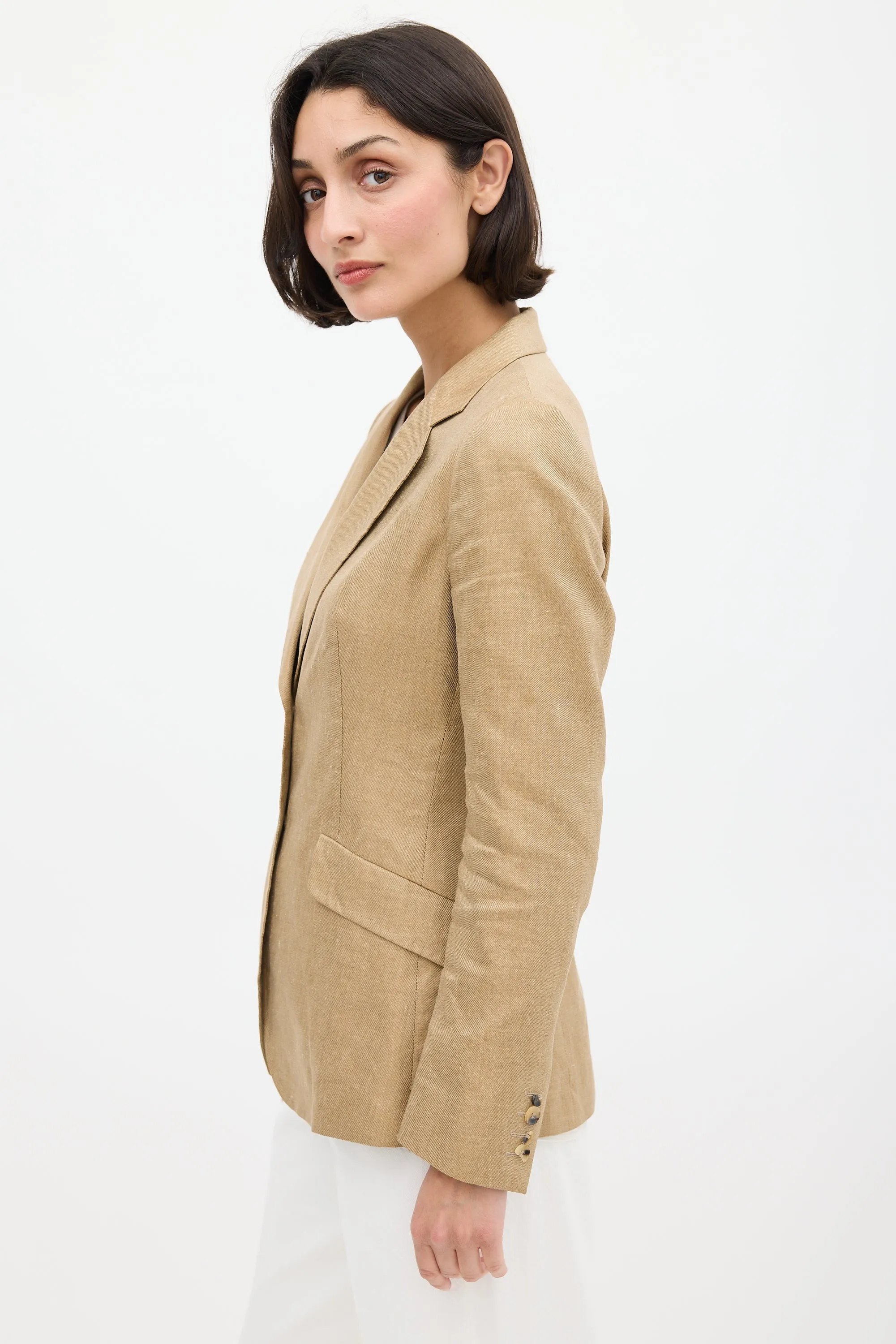 Brown Linen & Silk Two Pocket Blazer