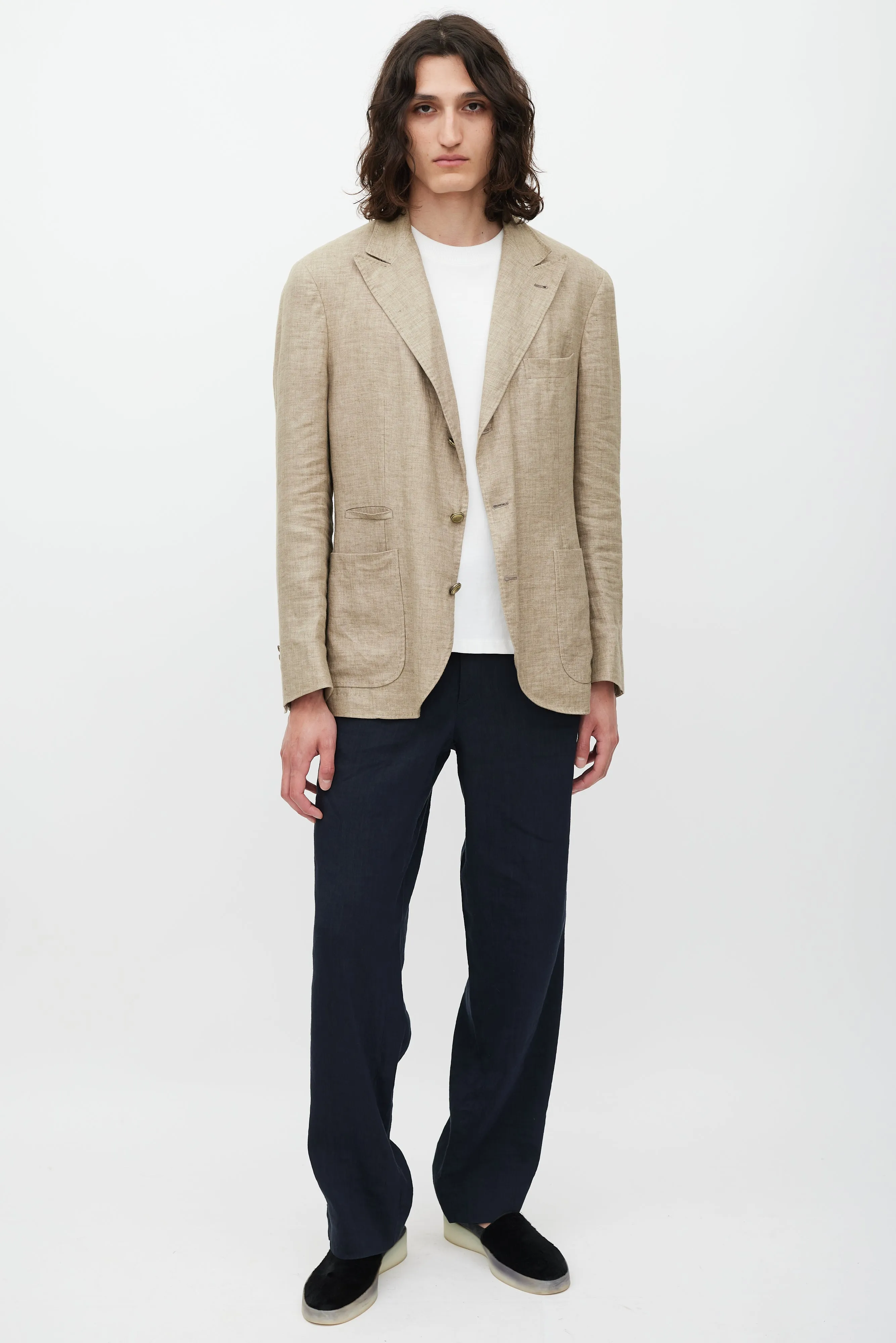 Brown Linen Asymmetrical Pocket Blazer